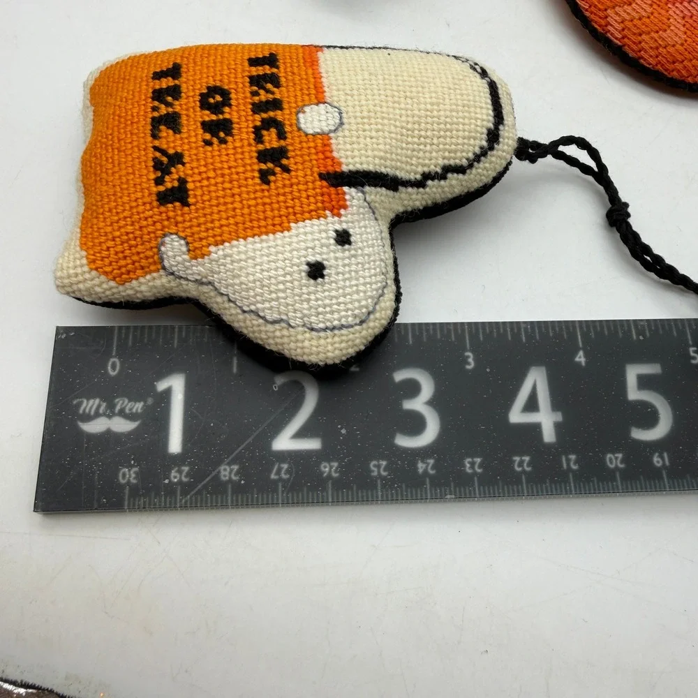 Halloween Needlepoint Ornament Set Witch Pumpkin Bat Ghost 6pc Decor